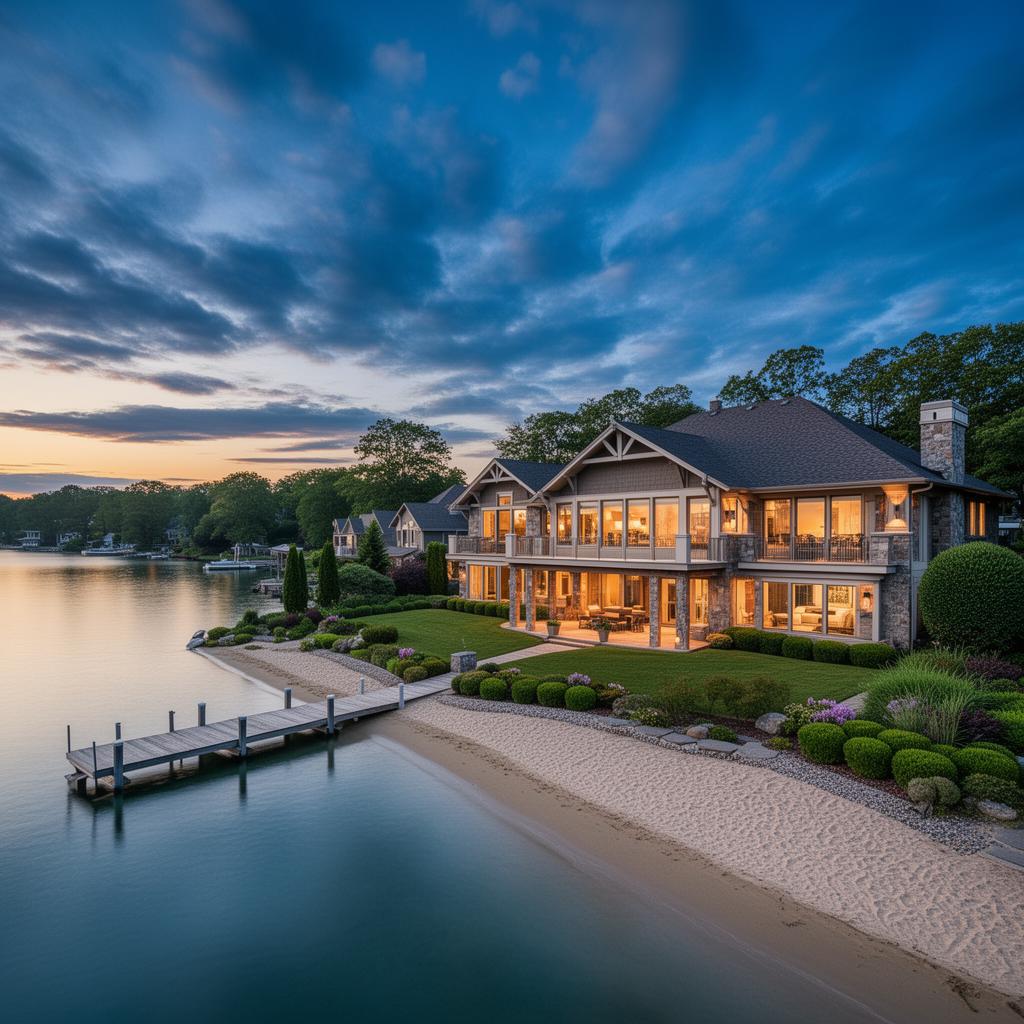 Lakefront walkout home at golden hour with sandy beach and dock